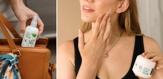 graphic shows two images, on the left a woman pulls a bottle of Scarsof out of a brown leather bag.  To the right a woman gently applies ScarSof to her face. 