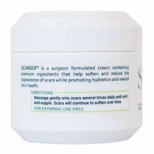 Back of the jar of ScarSof reads "SCARSOF is a surgeon formulated cream containing premium ingredients that help soften and reduce the appearance of scars while promoting hydration and overall skin health" The Directions are listed as "Massage gently onto scars several times daily until soft and supple. Scars will continue to soften over time. FOR EXTERNAL USE ONLY."