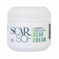 Close up the ScarSoft Surgeon Formulated Scar Cream.  Cream helps reduce the apperance of scars such as ones caused by surgery, burns, injuries, and stretch marks.  Produced by a woman owned company.