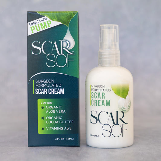 ScarSof Scar cream bottle beside its green packaging box, promoting effective scar treatment and skincare.