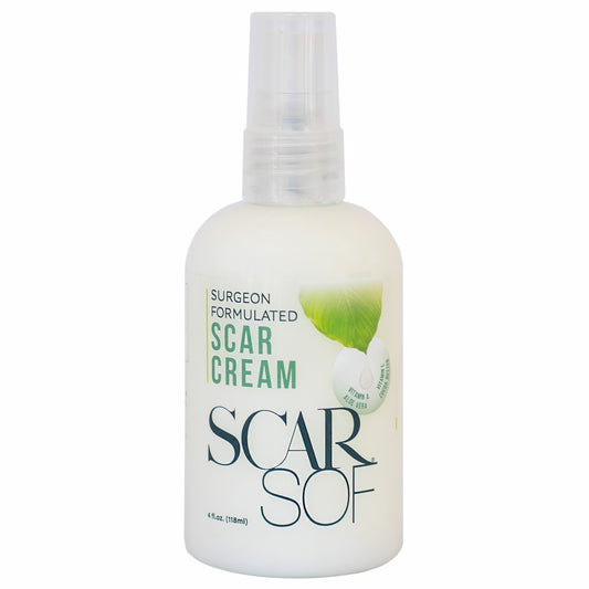 Close up of ScarSof against a white background, the best scar cream for pregnancy stretch marks, surgical incisions, face, body, burns, and injuries. ScarSof, crafted by a general surgeon, offers a gentle, non-irritating formula with 100% organic aloe vera, cocoa butter, vitamins A and E, and emu oil for soothing skin and promoting natural healing. Users report lasting improvements in skin recovery."